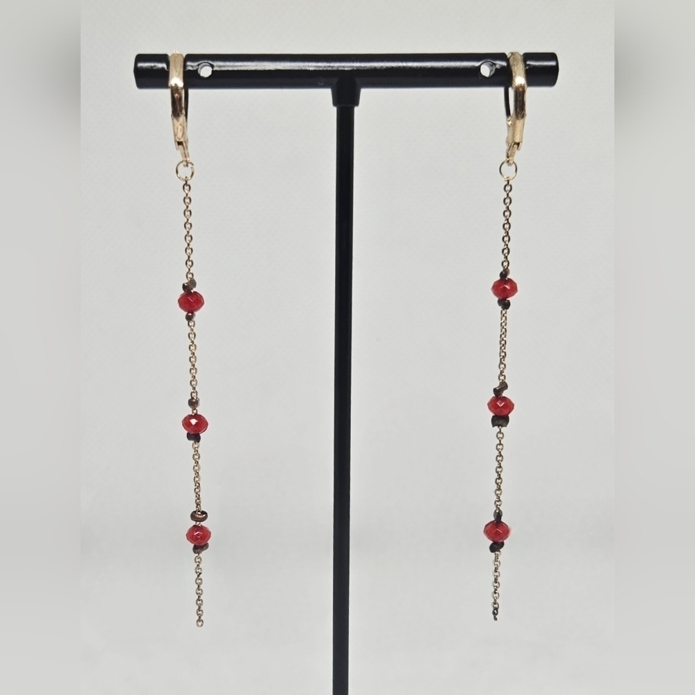 Gold Tone Red Beaded Chain Dangle Earrings Long Minimalist Statement